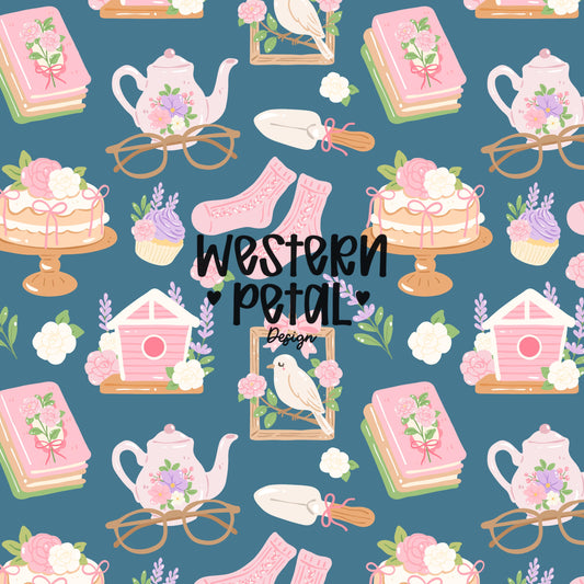 Cottagecore Seamless Pattern PNG, Grandmacore Floral Digital Paper, Tea Party Vintage Aesthetic, Teal Background Scrapbook Design