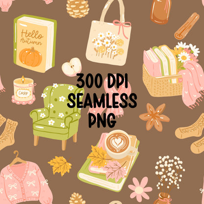 Cozy Autumn Seamless Pattern PNG, Fall Aesthetic Digital Paper, Pumpkin Books Sweater Pattern, Cute Fall Repeat Design, Commercial Use