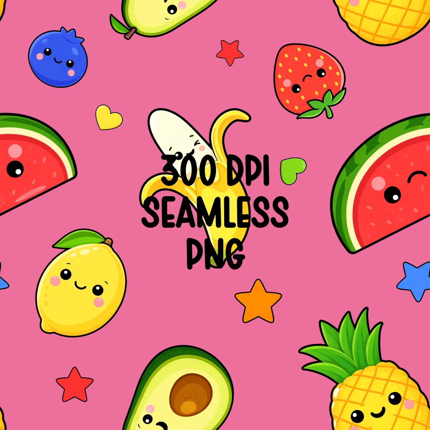 Kawaii Fruit Seamless Pattern PNG, Dancing Fruit Pattern, Cute Kids Fruit Design, Banana Strawberry Watermelon Pineapple Pink Digital Paper