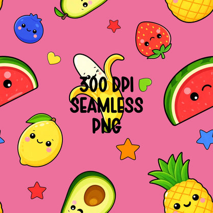 Kawaii Fruit Seamless Pattern PNG, Dancing Fruit Pattern, Cute Kids Fruit Design, Banana Strawberry Watermelon Pineapple Pink Digital Paper