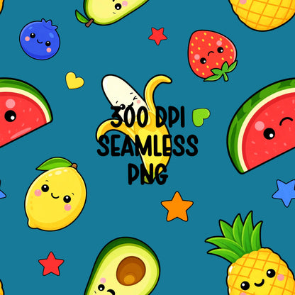 Kawaii Fruit Seamless Pattern PNG, Dancing Fruit Pattern, Cute Kids Fruit Design, Banana Strawberry Watermelon Pineapple Blue Digital Paper