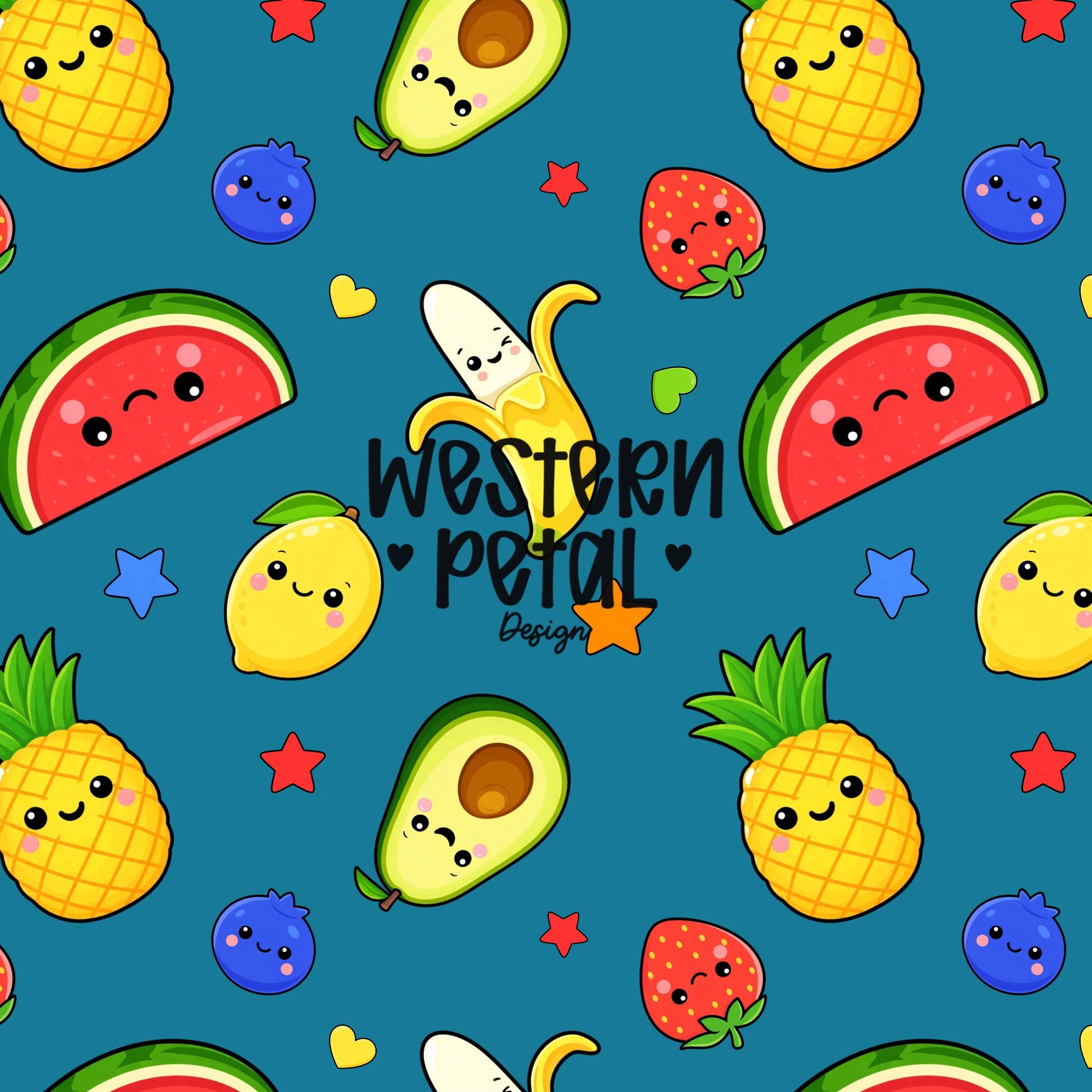 kawaii dancing fruit seamless pattern on blue background