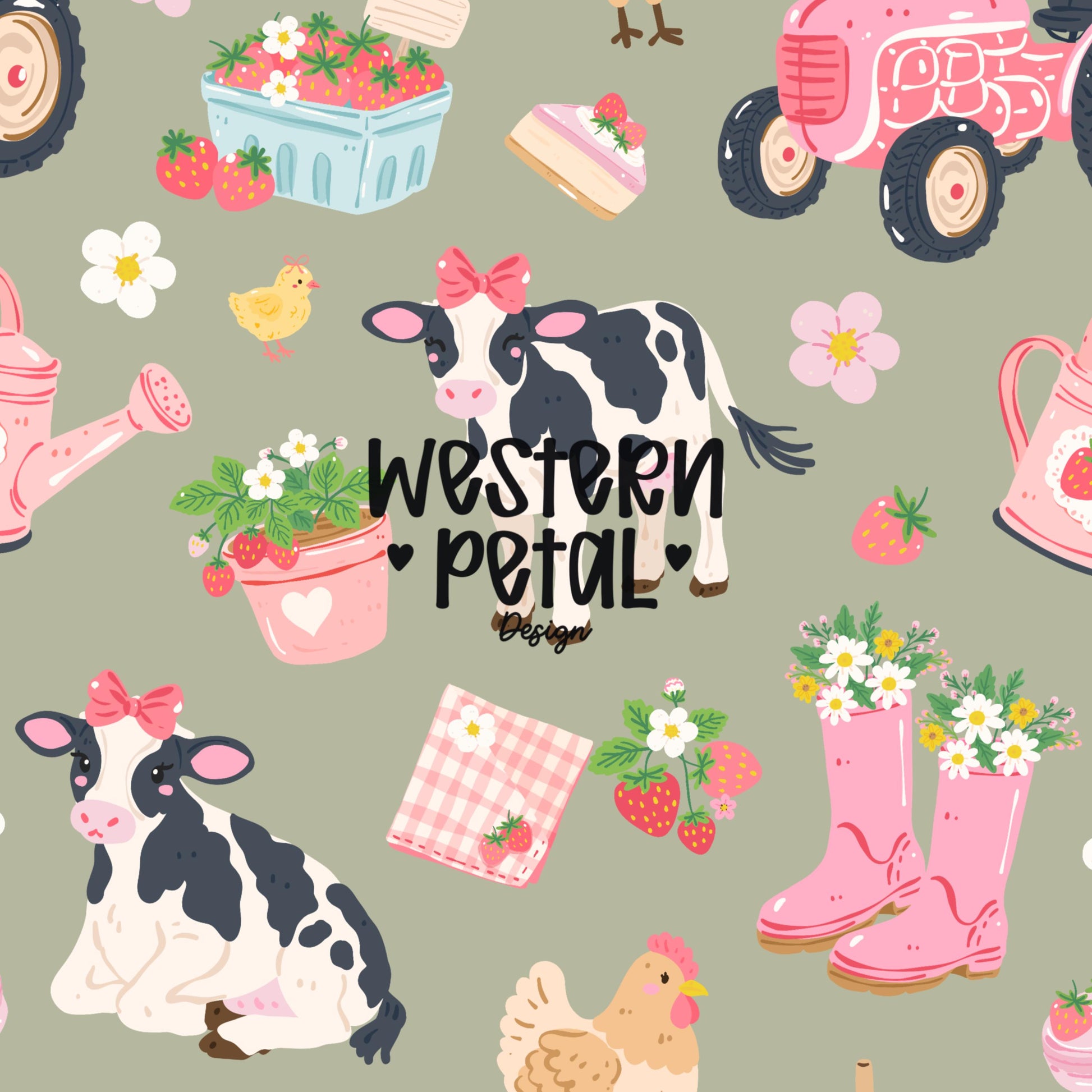 Strawberry Cow Seamless Pattern, Pink Farm Animal Pattern, Cute Cow Strawberries Tractor Design, Coquette Western Digital Paper PNG