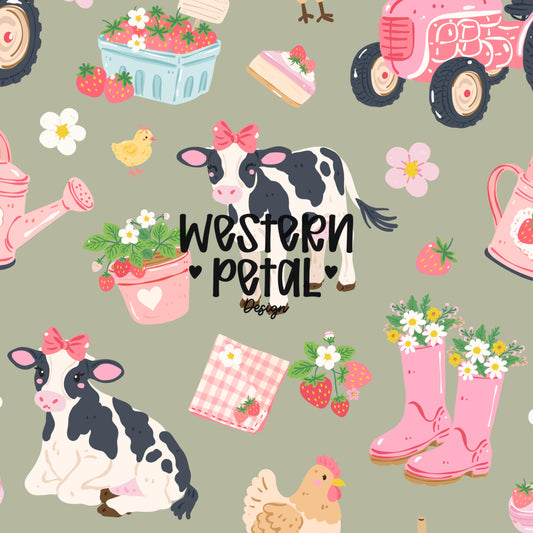 Strawberry Cow Seamless Pattern, Pink Farm Animal Pattern, Cute Cow Strawberries Tractor Design, Coquette Western Digital Paper PNG