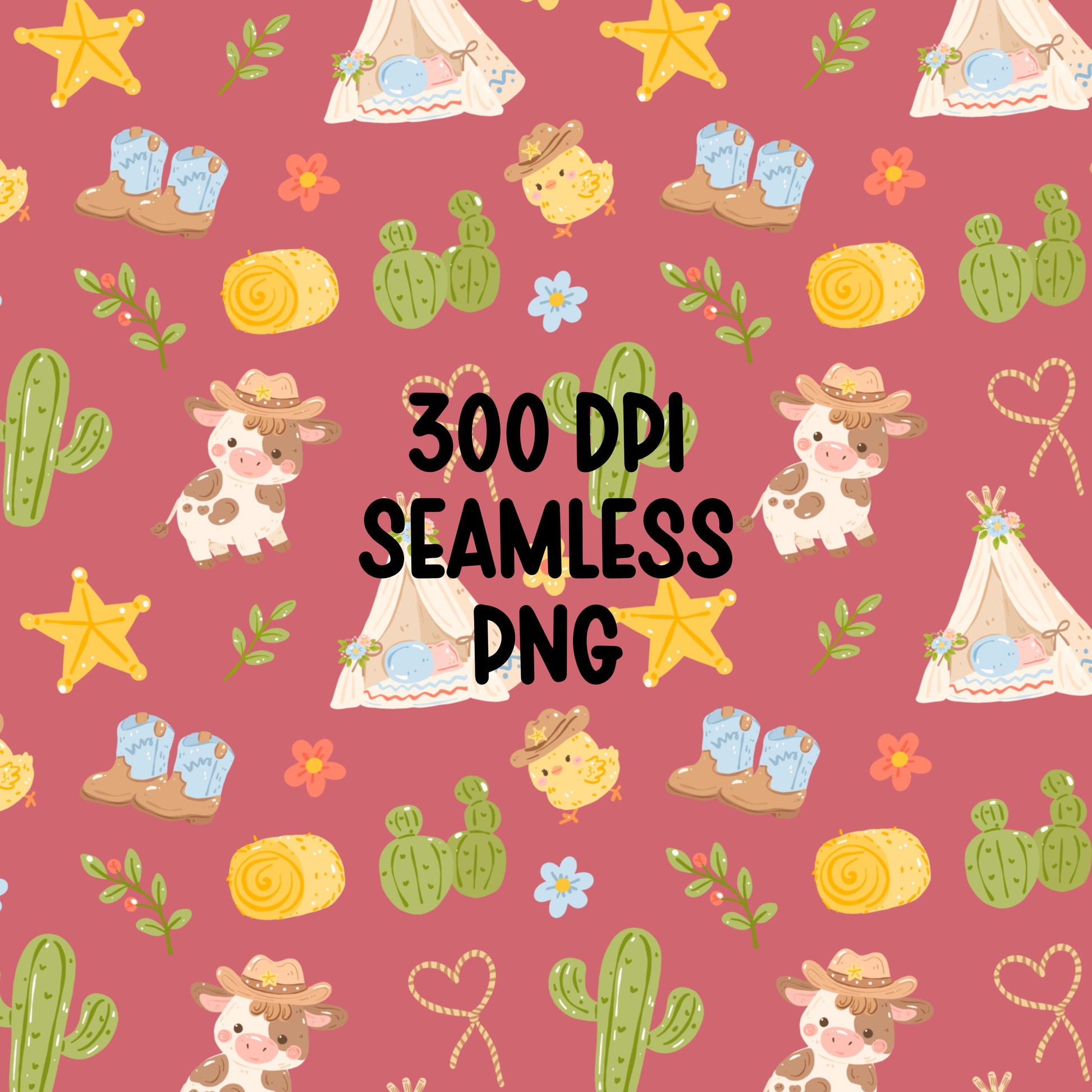Western Seamless Pattern, Cowboy Cow Cactus Pattern, Boho Western Digital Paper, Cute Farm Desert Pattern, Kids Western PNG