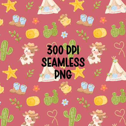 Western Seamless Pattern, Cowboy Cow Cactus Pattern, Boho Western Digital Paper, Cute Farm Desert Pattern, Kids Western PNG