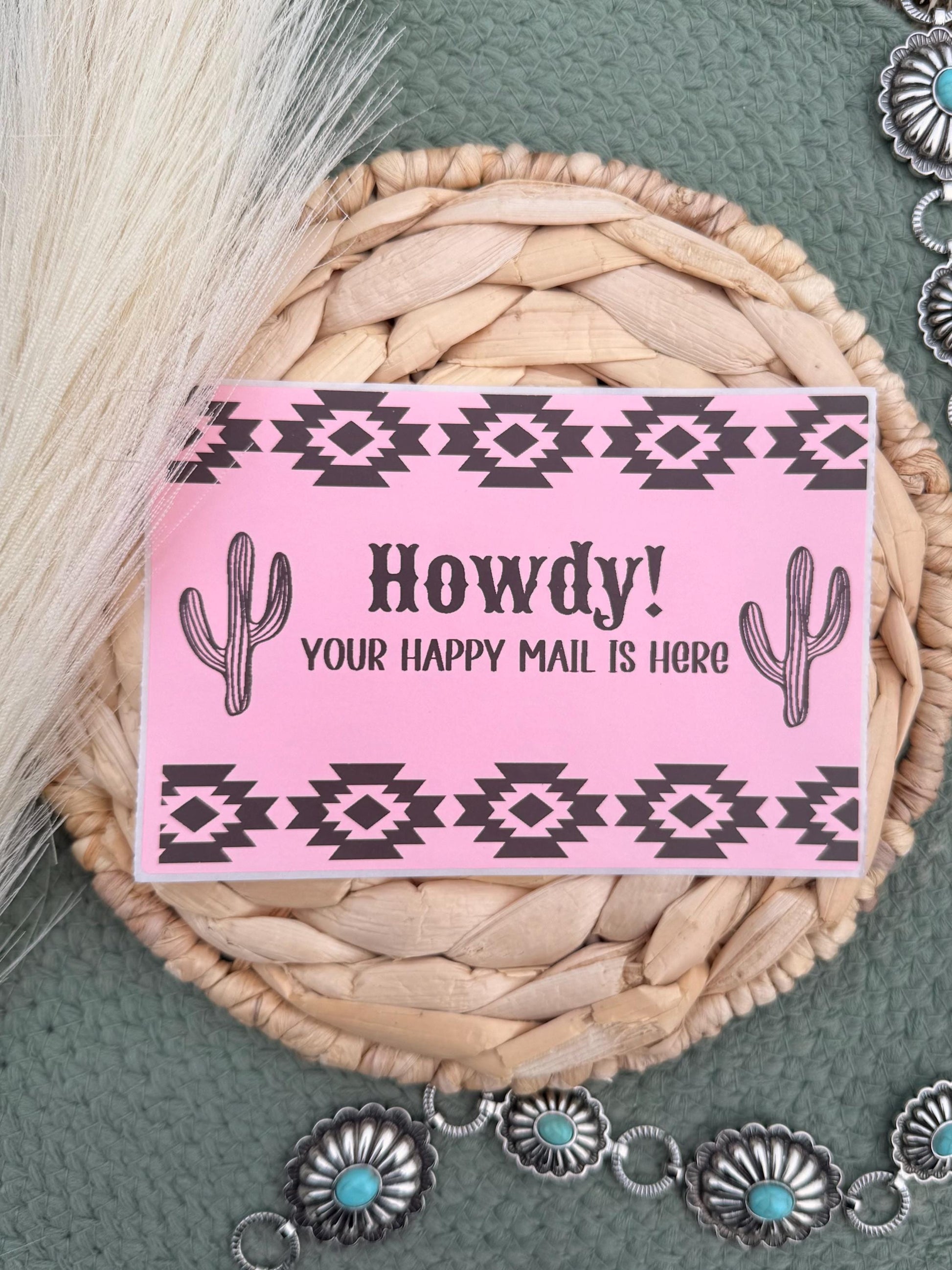 pink western howdy sticker aztec pattern cactus 4x6 small business packaging insert