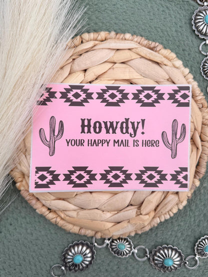 pink western howdy sticker aztec pattern cactus 4x6 small business packaging insert