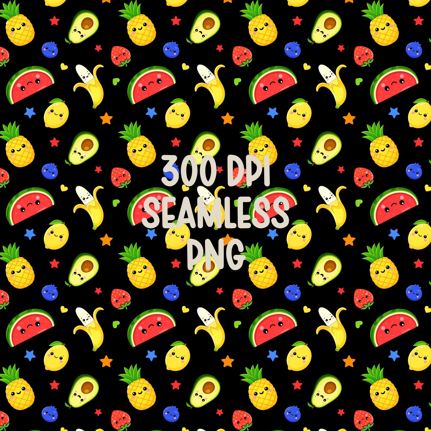Kawaii Fruit Seamless Pattern PNG, Dancing Fruit Pattern, Cute Kids Fruit Design, Banana Strawberry Watermelon Pineapple Black Digital Paper