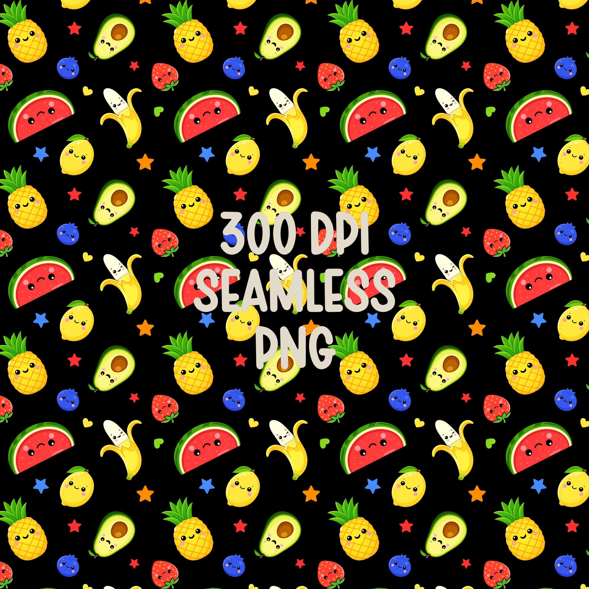 Kawaii Fruit Seamless Pattern PNG, Dancing Fruit Pattern, Cute Kids Fruit Design, Banana Strawberry Watermelon Pineapple Black Digital Paper