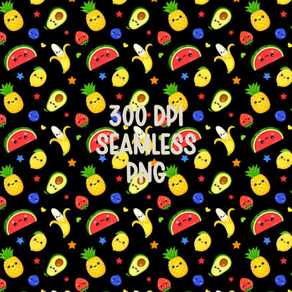 Kawaii Fruit Seamless Pattern PNG, Dancing Fruit Pattern, Cute Kids Fruit Design, Banana Strawberry Watermelon Pineapple Black Digital Paper
