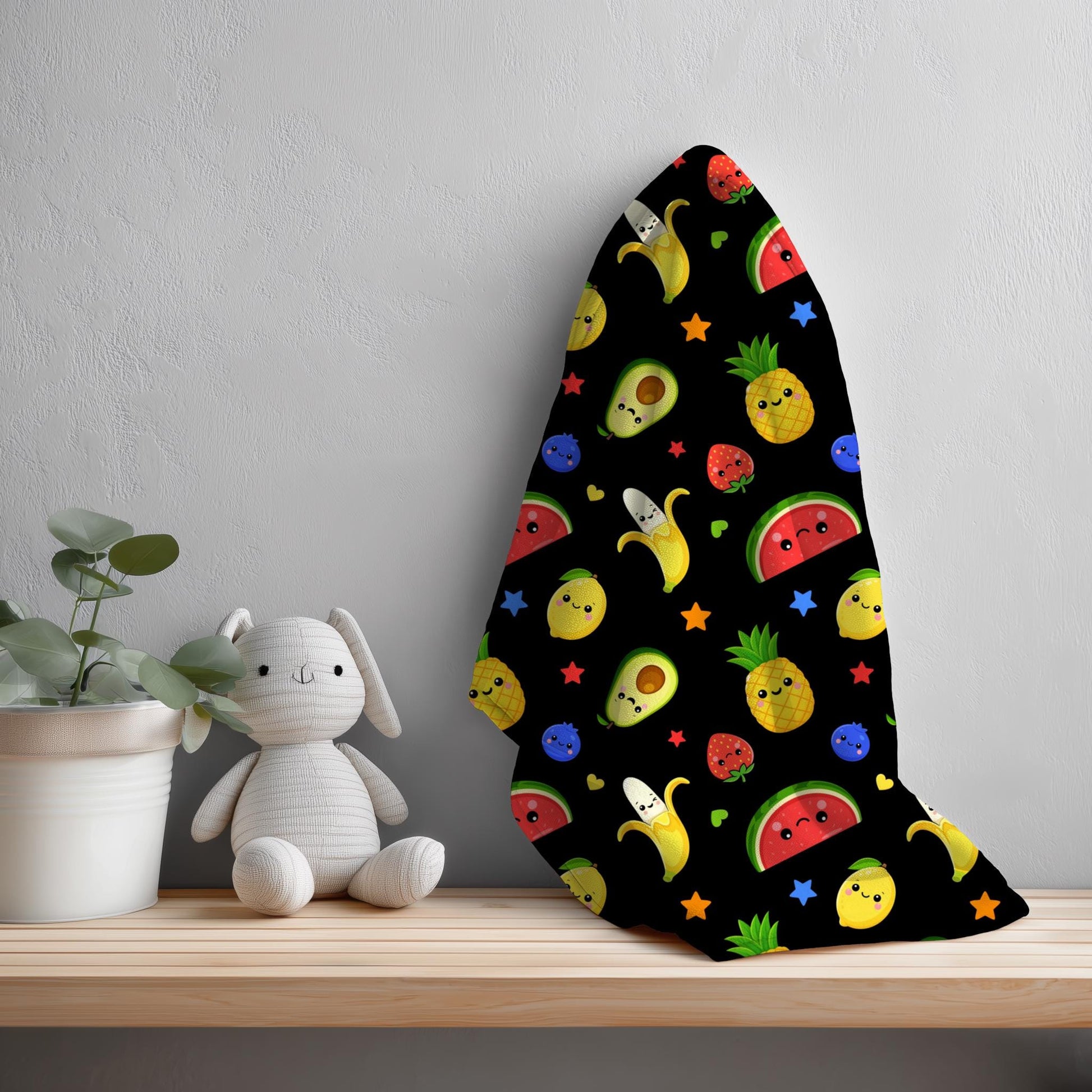 Kawaii Fruit Seamless Pattern PNG, Dancing Fruit Pattern, Cute Kids Fruit Design, Banana Strawberry Watermelon Pineapple Black Digital Paper