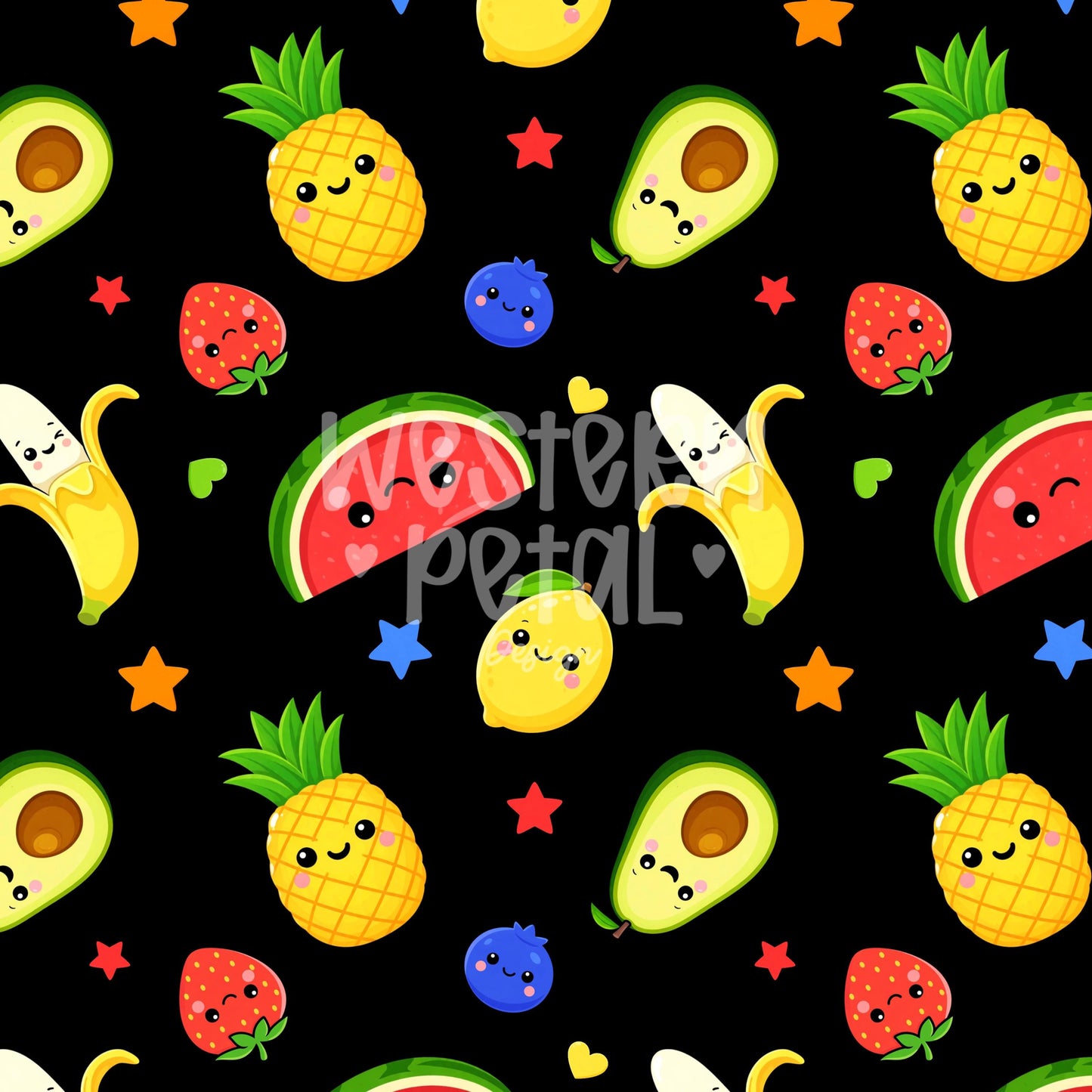 Kawaii Fruit Seamless Pattern PNG, Dancing Fruit Pattern, Cute Kids Fruit Design, Banana Strawberry Watermelon Pineapple Black Digital Paper