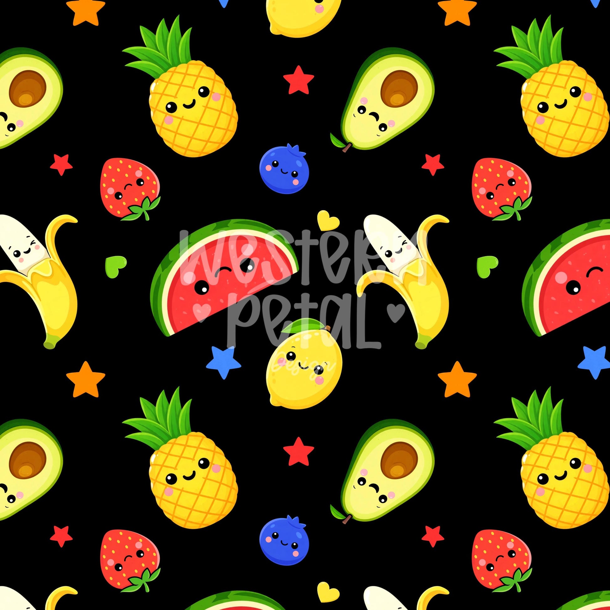 Kawaii Fruit Seamless Pattern PNG, Dancing Fruit Pattern, Cute Kids Fruit Design, Banana Strawberry Watermelon Pineapple Black Digital Paper