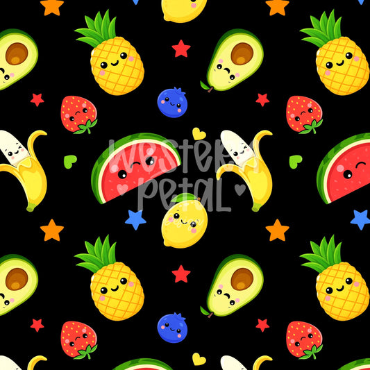 Kawaii Fruit Seamless Pattern PNG, Dancing Fruit Pattern, Cute Kids Fruit Design, Banana Strawberry Watermelon Pineapple Black Digital Paper