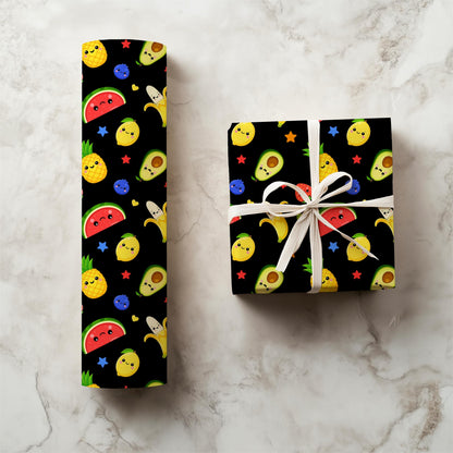 Kawaii Fruit Seamless Pattern PNG, Dancing Fruit Pattern, Cute Kids Fruit Design, Banana Strawberry Watermelon Pineapple Black Digital Paper
