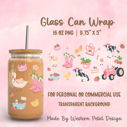 Pink farm glass can wrap with cows, chickens, strawberries, tractor, boots, and flowers, cute coquette country design for 16oz glass can PNG