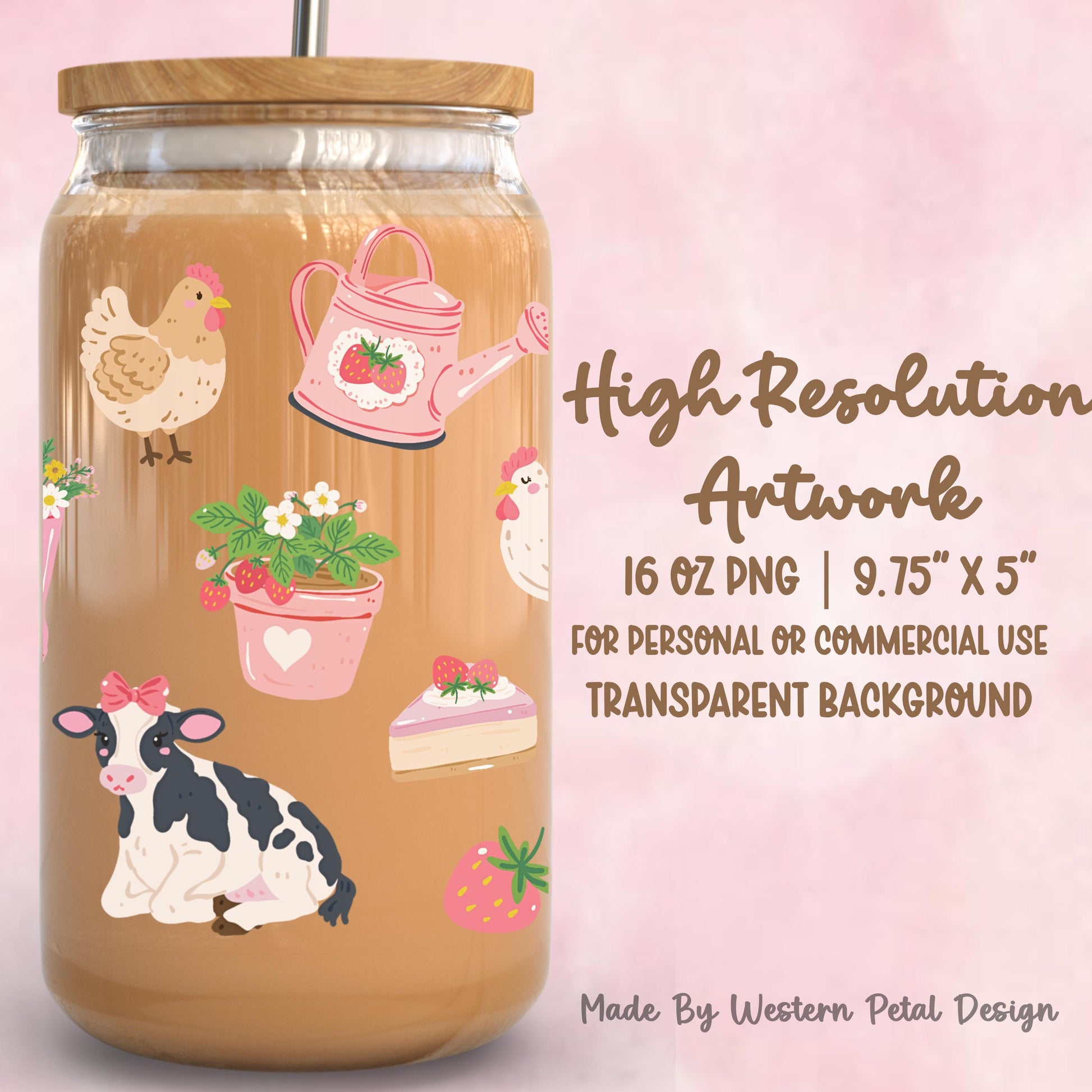 Strawberry Farm Glass Can Wrap PNG, Pink Cow Chicken Tractor 16oz Libbey Wrap, Coquette Country Western Tumbler Design, Cute Farm Clipart