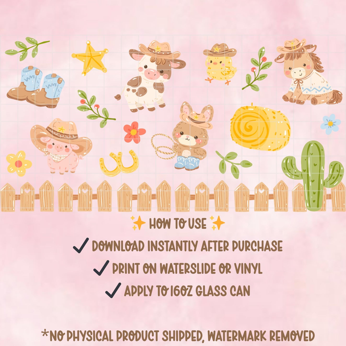 Cowboy Animals Glass Can Wrap PNG, Cute Western Cowgirl 16oz Libbey Wrap, Horse Cow Chick Cactus Tumbler Design, Pastel Western PNG