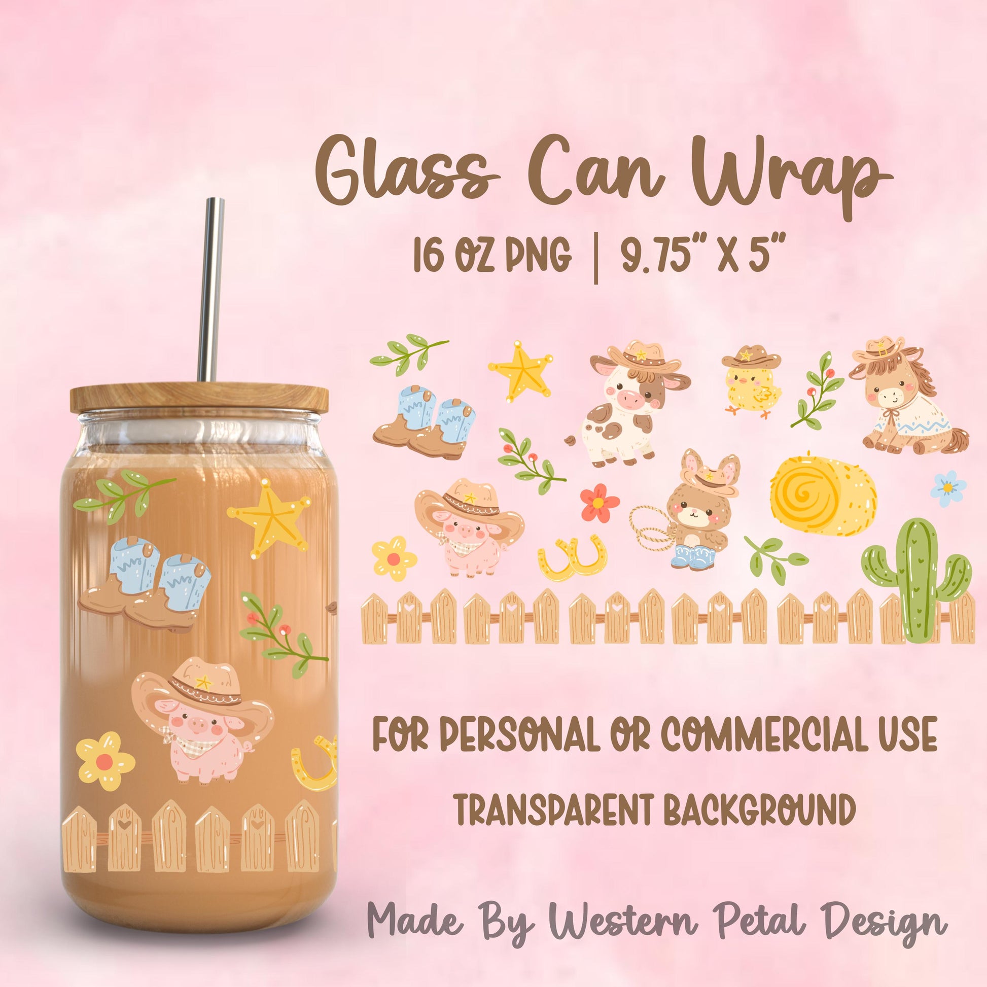 Cowboy Animals Glass Can Wrap PNG, Cute Western Cowgirl 16oz Libbey Wrap, Horse Cow Chick Cactus Tumbler Design, Pastel Western PNG