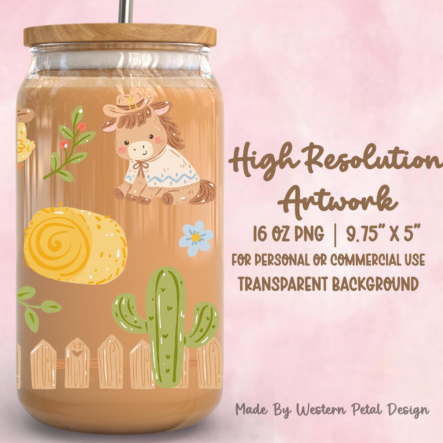 Cowboy Animals Glass Can Wrap PNG, Cute Western Cowgirl 16oz Libbey Wrap, Horse Cow Chick Cactus Tumbler Design, Pastel Western PNG