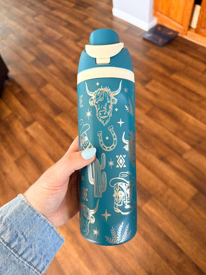 Western Owala DUPE 24 oz Tumbler | Engraved Cowgirl Water Bottle | Cactus Boots Highland Cow| Leak Proof Straw Lid | Western Gift for Her