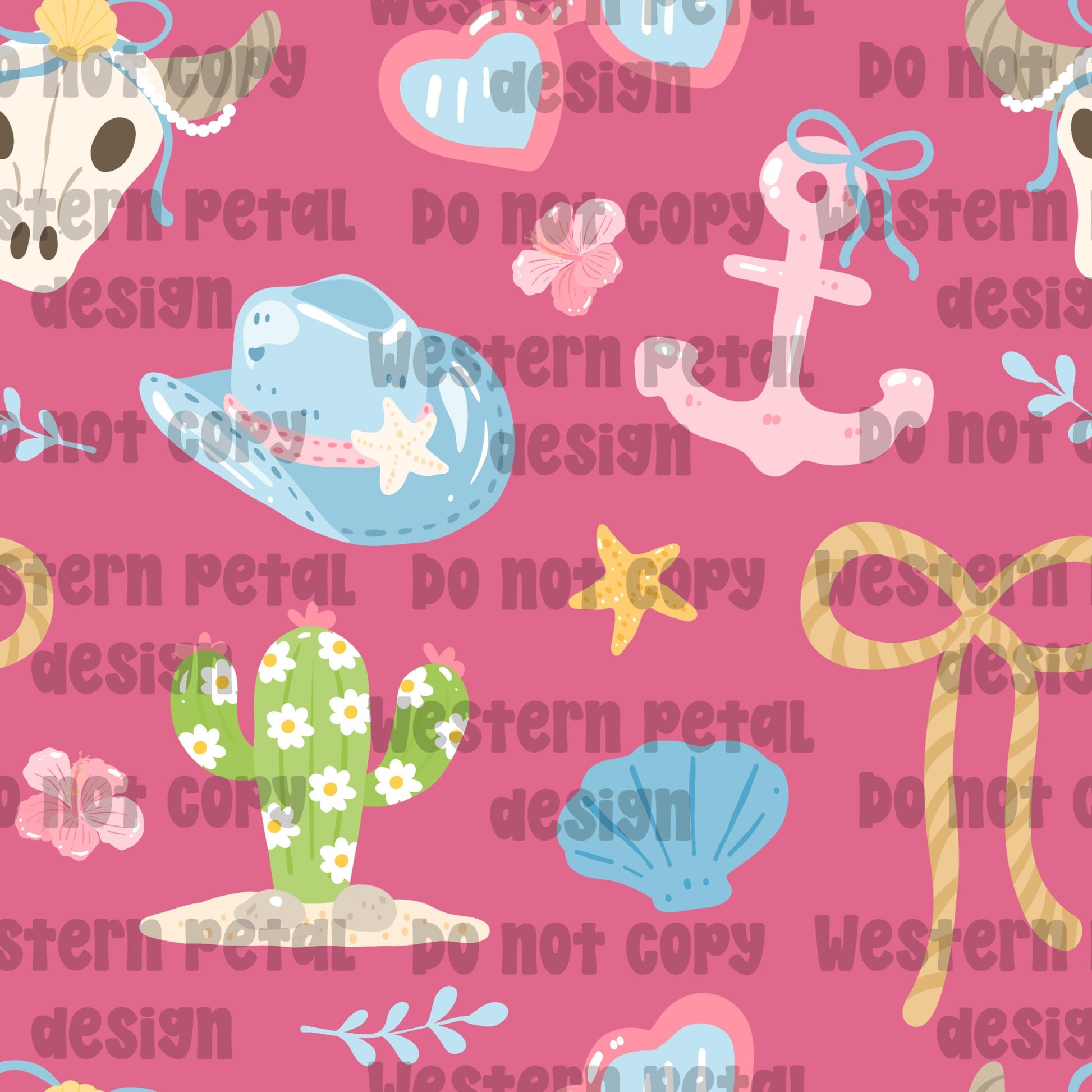 Coastal Cowgirl Seamless Pattern PNG, Pink Western Beach Digital Paper, Cow Skull Cactus Bow Summer Sublimation Background, Preppy Western