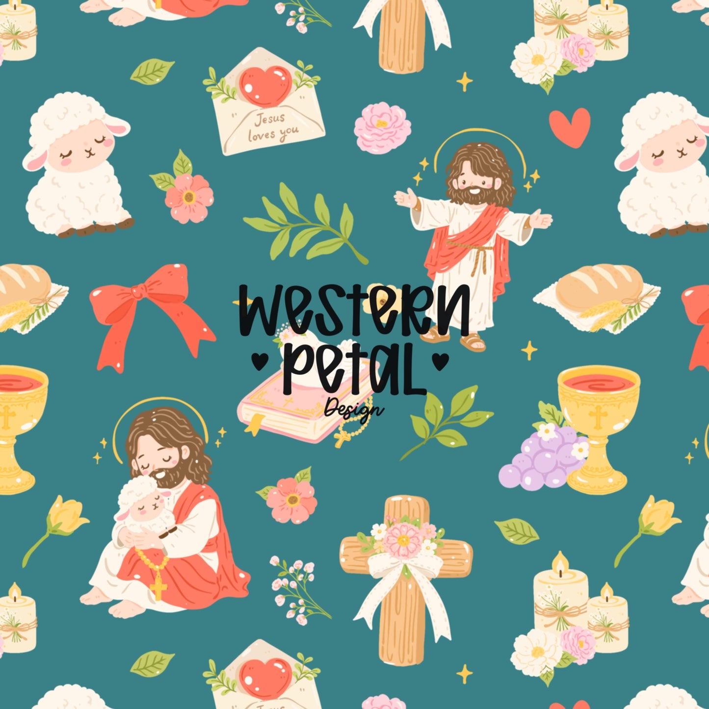 Christian Seamless Pattern PNG, Jesus Loves You Digital Paper, Religious Floral Background (Digital Download)