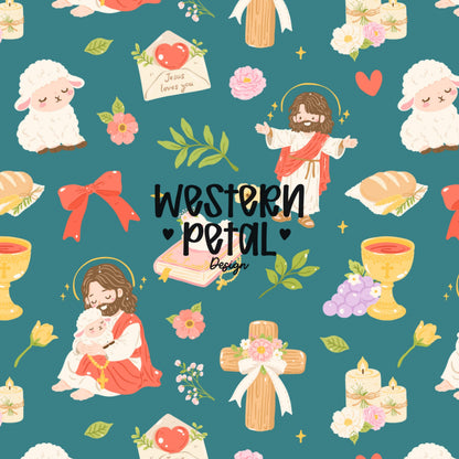 Christian Seamless Pattern PNG, Jesus Loves You Digital Paper, Religious Floral Background (Digital Download)