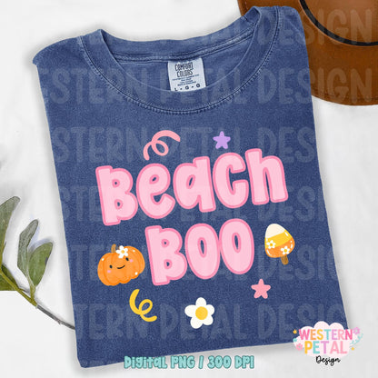 Beach Boo PNG design on blue shirt with pink retro bubble letters, pumpkin, candy corn popsicle, stars and daisy, pastel summerween aesthetic