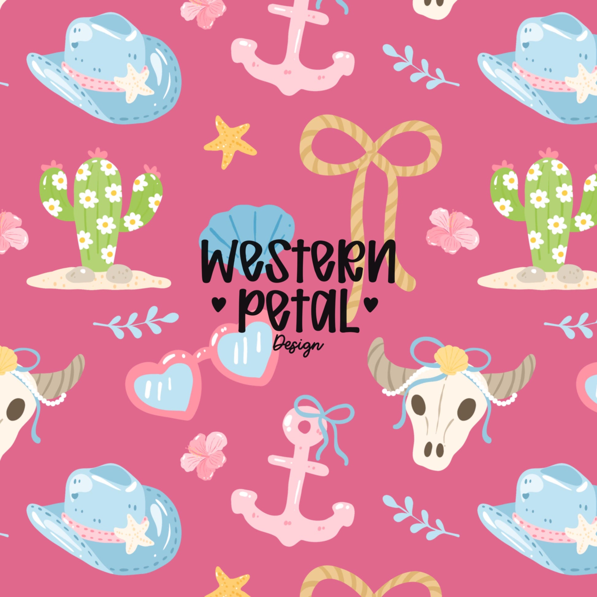 Pink seamless coastal cowgirl pattern featuring cow skulls, bows, cactus, shells, anchor, sunglasses, and blue cowboy hats on a bright pink background.