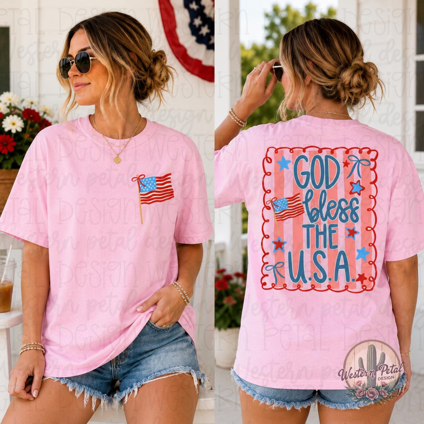 Pink Comfort Colors 1717 blossom t-shirt with God Bless The U.S.A patriotic graphic featuring bows, stars, stripes, and American flags in red white and blue.