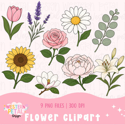 Floral clipart bundle featuring tulip, lavender, daisy, rose, sunflower, lily, eucalyptus, peony, and magnolia illustrations.