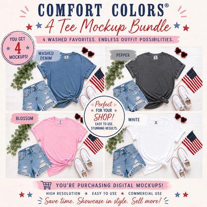 Bundle of four Comfort Colors patriotic styled t-shirt mockups in washed denim, pepper, blossom pink, and white with denim shorts and Americana accessories.
