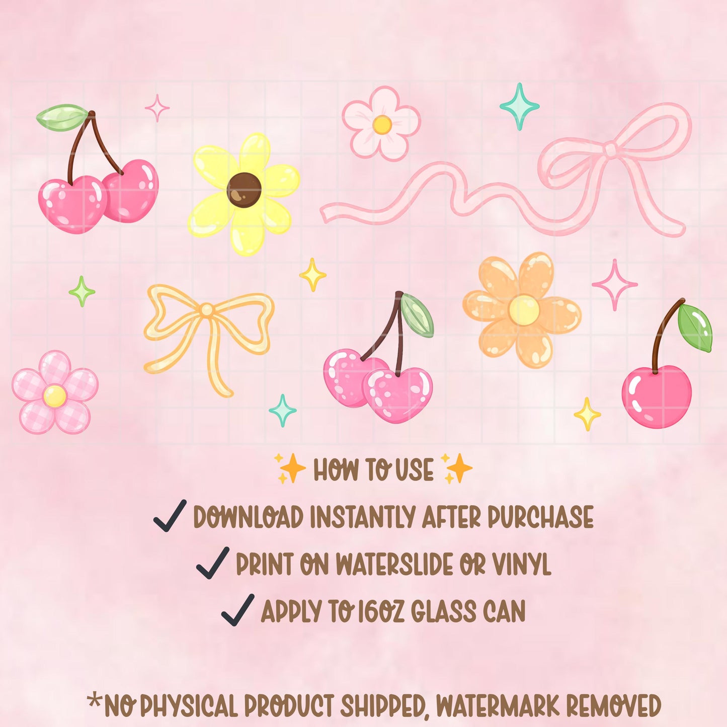 Cherry Bow Glass Can Wrap PNG | Cute Coquette 16 oz Libbey Wrap | Pink Bow Floral Tumbler Design | Sublimation PNG Download