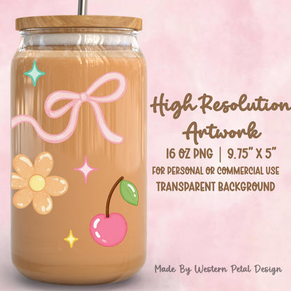 Cherry Bow Glass Can Wrap PNG | Cute Coquette 16 oz Libbey Wrap | Pink Bow Floral Tumbler Design | Sublimation PNG Download