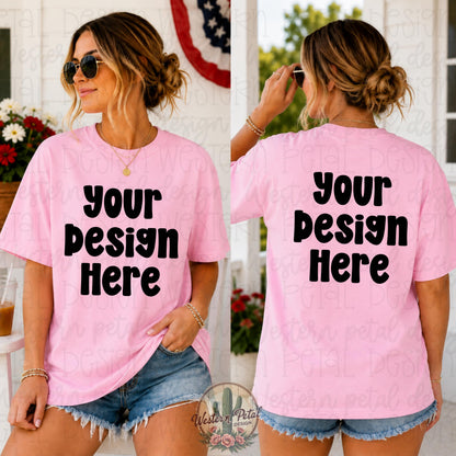 Comfort Colors Blossom Mockup, Pink Shirt Mockup, Comfort Colors 1717 Mockup, Front and Back Tee Mockup, Feminine Shirt Mockup, Summer Mocku
