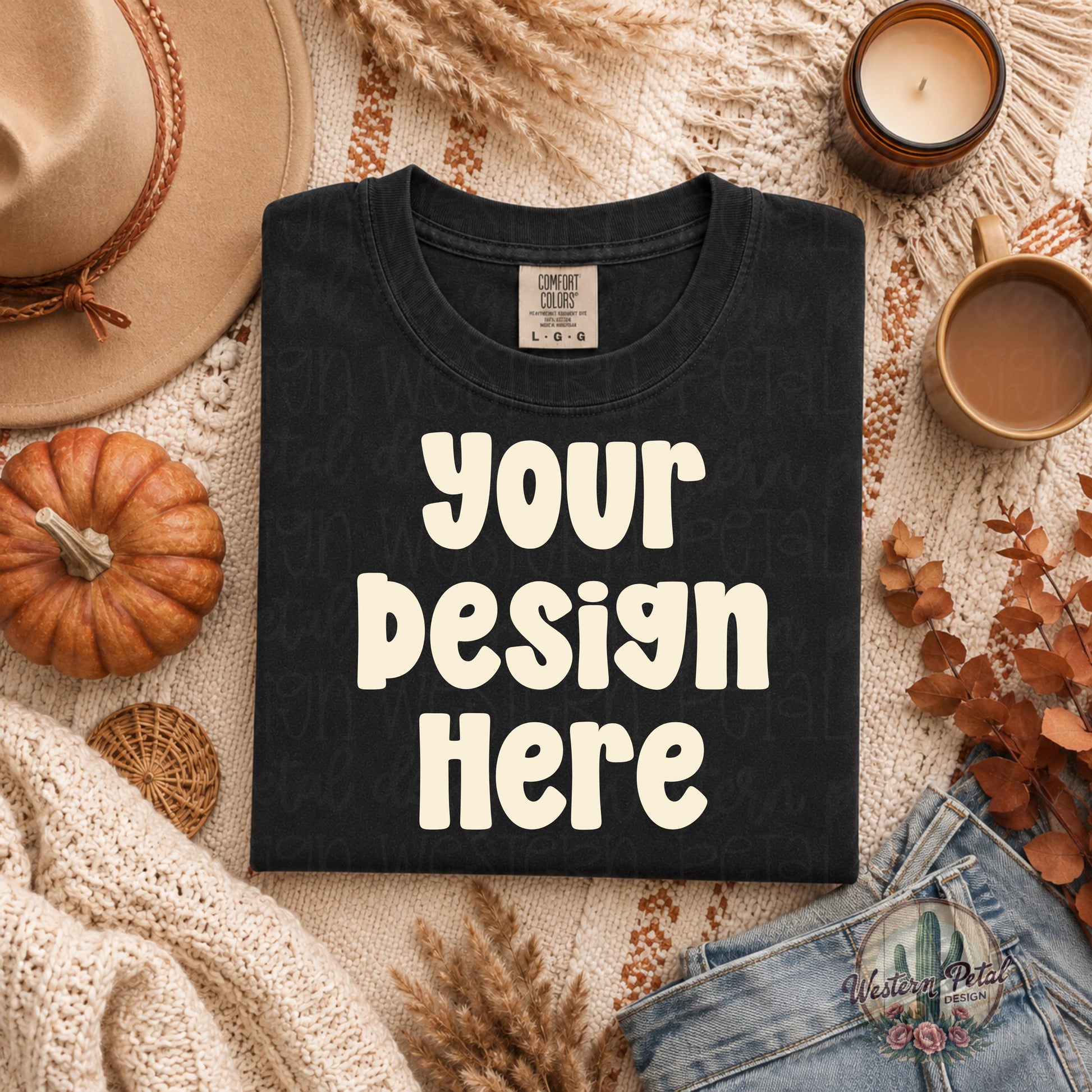 Comfort Colors Black Fall Mockup, Autumn Shirt Mockup, Comfort Colors 1717 Mockup, Boho Flat Lay Tee Mockup, Cozy Fall Shirt Photo