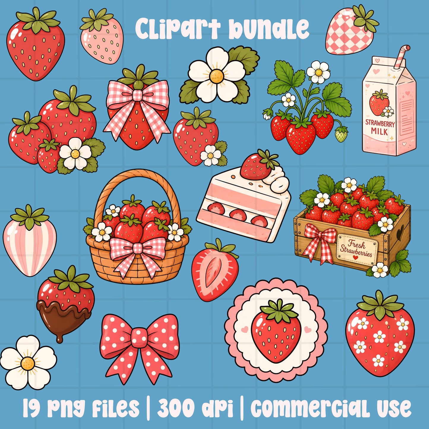 Strawberry Clipart Bundle PNG, Cute Strawberry Clipart, Coquette Strawberry Bow PNG, Summer Strawberry Clipart Set, Commercial Use
