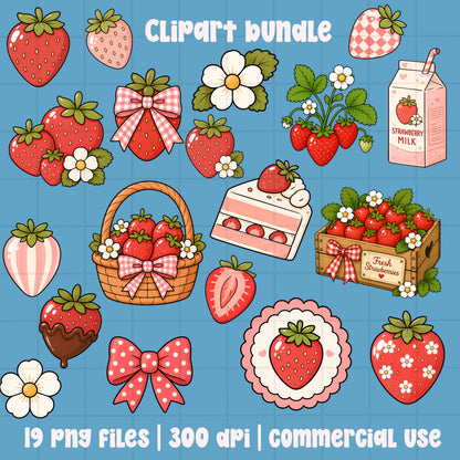 Strawberry Clipart Bundle PNG, Cute Strawberry Clipart, Coquette Strawberry Bow PNG, Summer Strawberry Clipart Set, Commercial Use