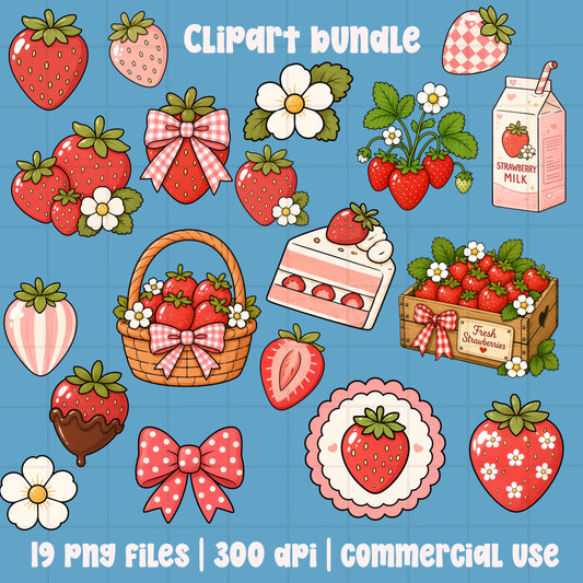 Strawberry Clipart Bundle PNG, Cute Strawberry Clipart, Coquette Strawberry Bow PNG, Summer Strawberry Clipart Set, Commercial Use