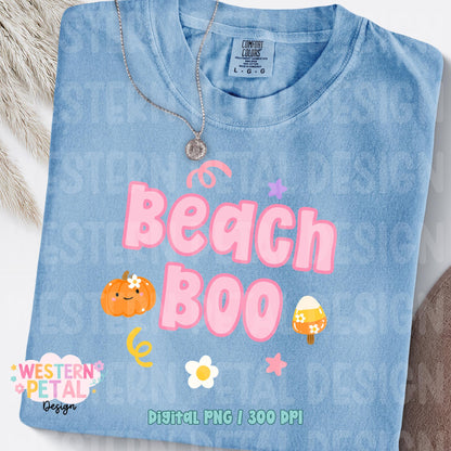 Beach Boo PNG, Summerween Shirt Design, Cute Halloween PNG, Retro Bubble Font, Pastel Spooky Design, Candy Corn Popsicle, Pumpkin Graphic