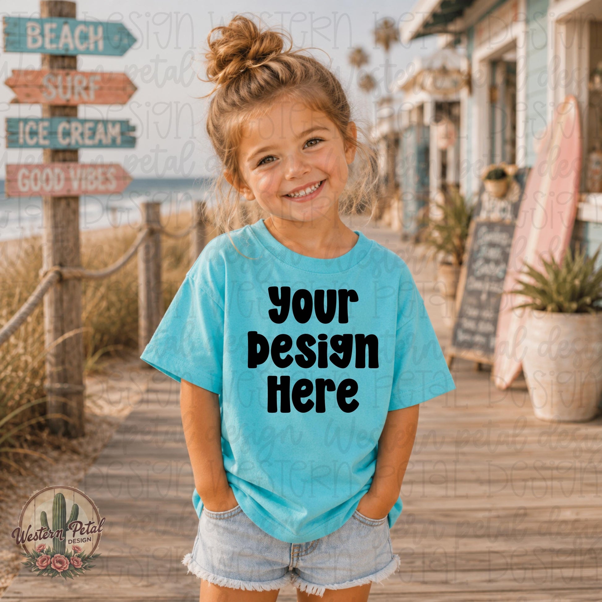 Smiling little girl wearing a turquoise Rabbit Skins t-shirt mockup on a sunny beach boardwalk with colorful coastal summer decor.