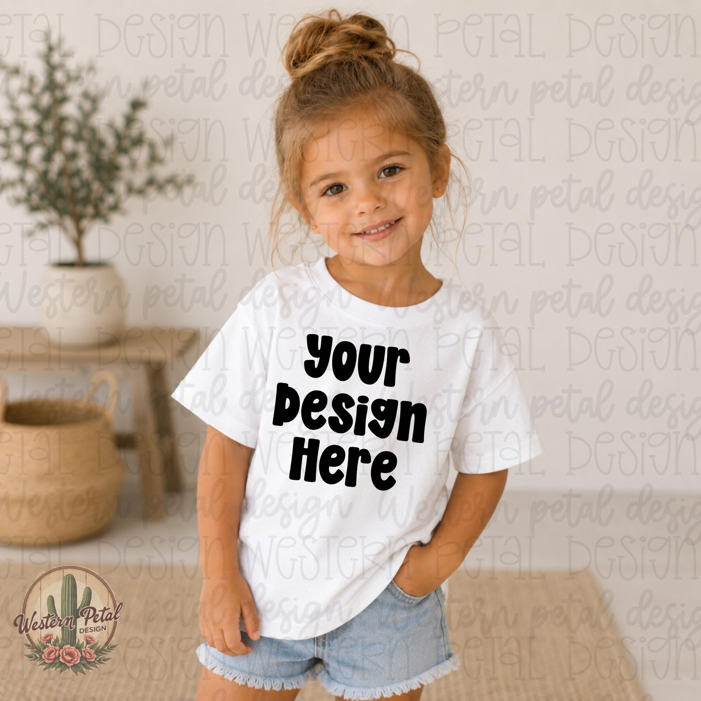 Smiling little girl wearing a white Rabbit Skins t-shirt mockup with denim shorts in a soft neutral indoor boutique setting.
