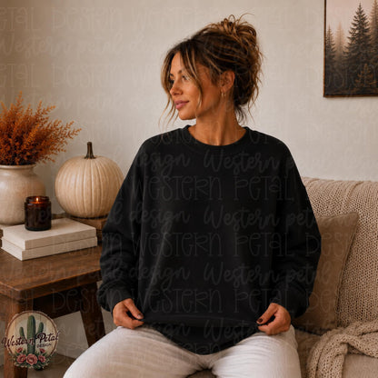 Comfort Colors 1566 Crewneck Mockup | Black Sweatshirt Mockup | Cozy Fall Woman Mockup | Neutral Aesthetic PNG