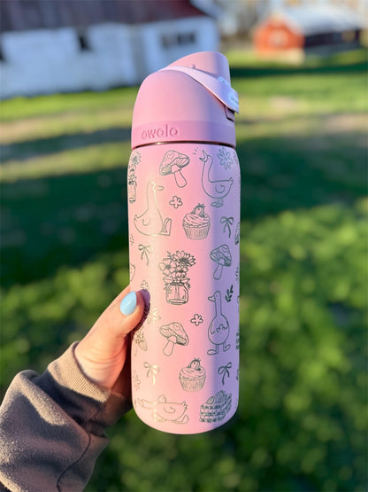 Engraved Owala Tumbler, Whimsical Goose Floral Water Bottle, Cute Cottagecore Owala Cup, Mushroom Bow Design, 24 32 oz Gift