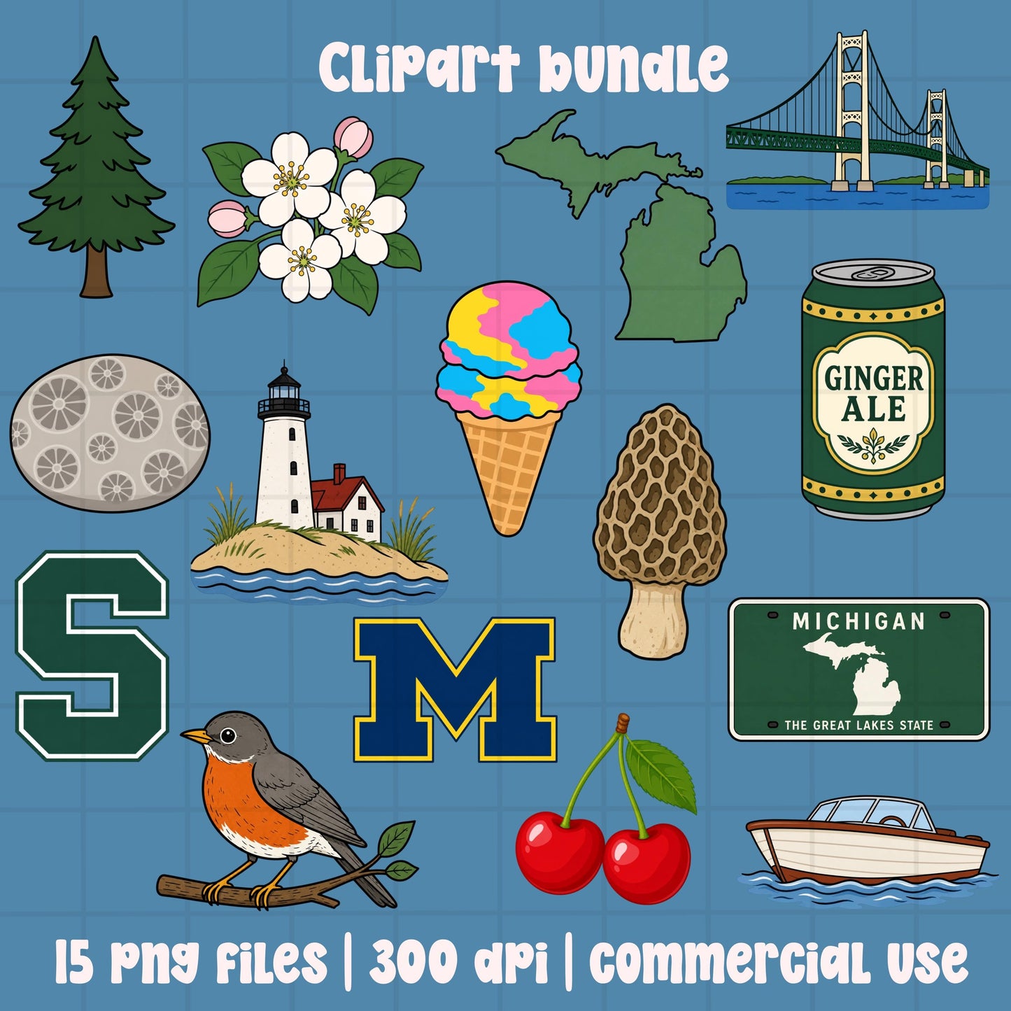 Michigan themed clipart bundle featuring Mackinac Bridge, cherries, lighthouse, robin, pine tree, morel mushroom, Michigan state shapes, ginger ale can, boat, and colorful summer icons in flat hand drawn style.