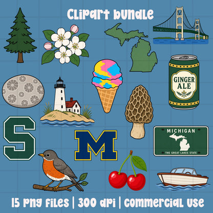 Michigan themed clipart bundle featuring Mackinac Bridge, cherries, lighthouse, robin, pine tree, morel mushroom, Michigan state shapes, ginger ale can, boat, and colorful summer icons in flat hand drawn style.