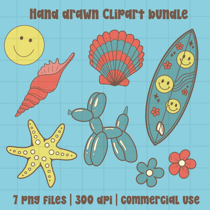 Retro beach themed clipart bundle with smiley faces, surfboard, shell, starfish, balloon dog, flowers, and scallop shell in blue and coral colors.