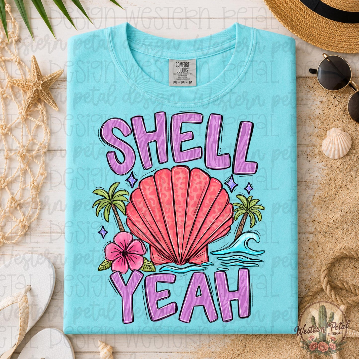 Lagoon blue Comfort Colors 1717 graphic tee featuring a pink seashell design with “Shell Yeah” text displayed in a neutral coastal boho flat lay mockup.